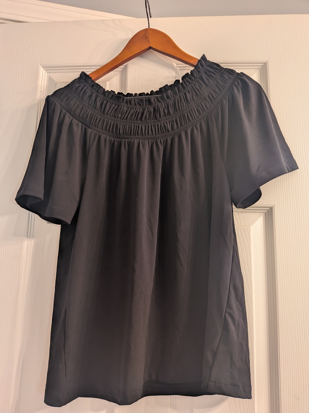 Ann Taylor Black Smocked-Neck Short Sleeve Blouse